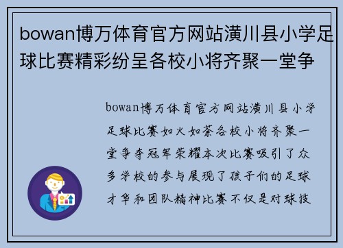 bowan博万体育官方网站潢川县小学足球比赛精彩纷呈各校小将齐聚一堂争夺冠军荣耀