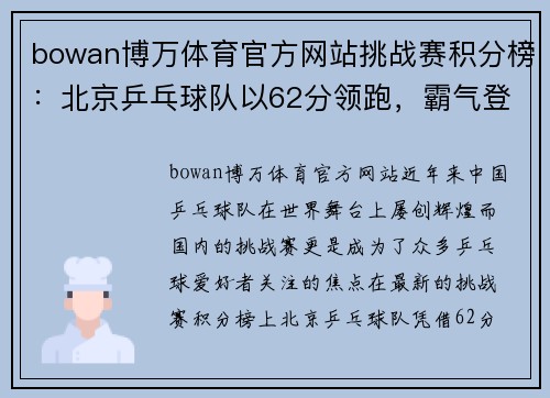 bowan博万体育官方网站挑战赛积分榜：北京乒乓球队以62分领跑，霸气登顶！