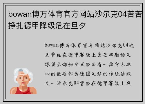 bowan博万体育官方网站沙尔克04苦苦挣扎德甲降级危在旦夕